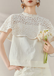 French White Lace Hollow Out Cotton Shirt Short Sleeve