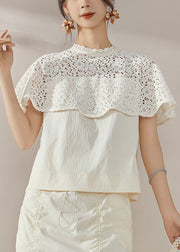 French White Lace Hollow Out Cotton Shirt Short Sleeve