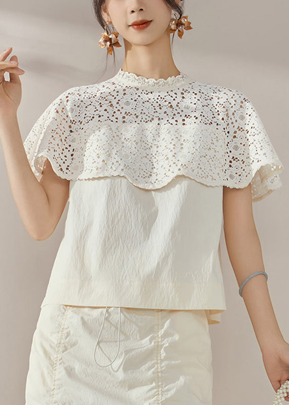 French White Lace Hollow Out Cotton Shirt Short Sleeve