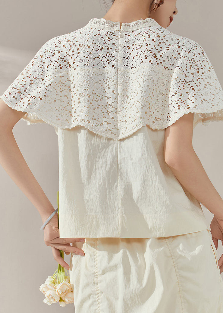 French White Lace Hollow Out Cotton Shirt Short Sleeve