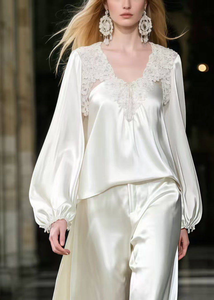 French White Lace Patchwork Draping Silk Two Piece Set Women Clothing Spring