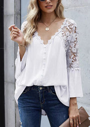 French White Lace Patchwork Shirts Flare Sleeve