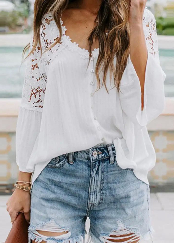 French White Lace Patchwork Shirts Flare Sleeve