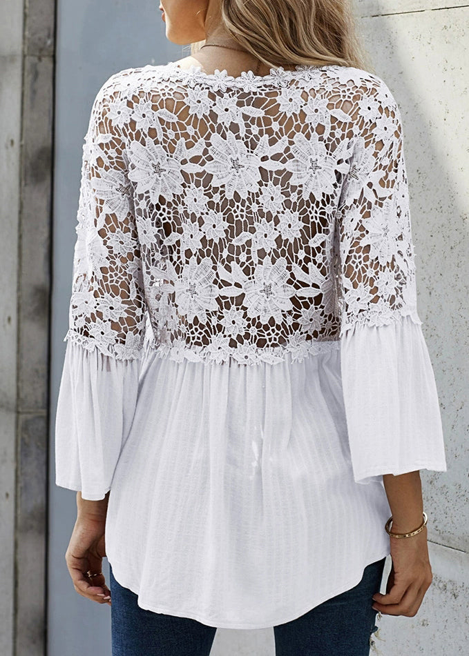 French White Lace Patchwork Shirts Flare Sleeve