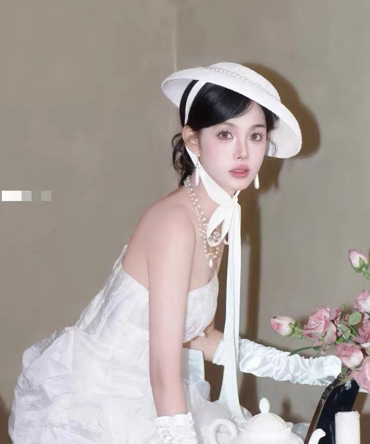 French White Lace Pearl Lace Up Cloche Hat