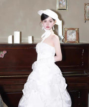 French White Lace Pearl Lace Up Cloche Hat