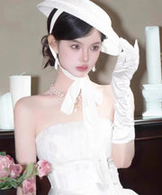 French White Lace Pearl Lace Up Cloche Hat