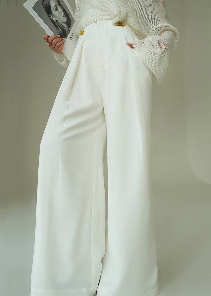 French White Lace Up Pockets High Waist Spandex Wide Leg Pants Fall