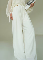 French White Lace Up Pockets High Waist Spandex Wide Leg Pants Fall