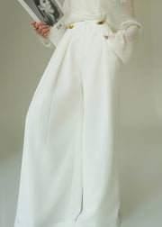 French White Lace Up Pockets High Waist Spandex Wide Leg Pants Fall