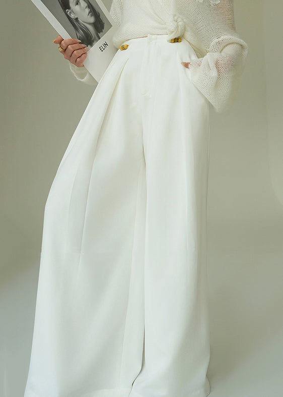 French White Lace Up Pockets High Waist Spandex Wide Leg Pants Fall