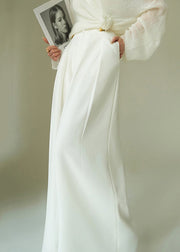 French White Lace Up Pockets High Waist Spandex Wide Leg Pants Fall