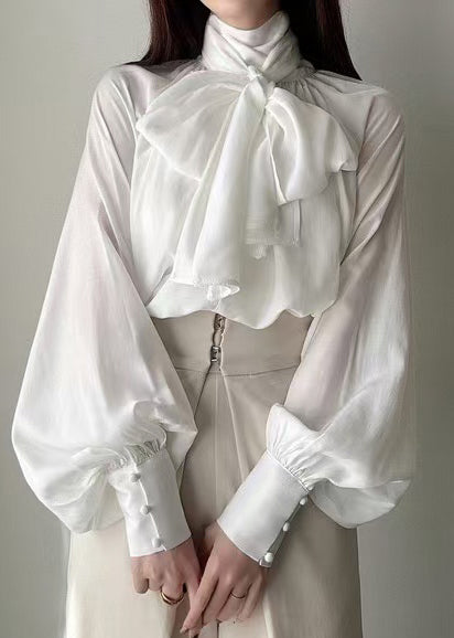 French White Neck Waist Silk Shirt Tops Lantern Sleeve