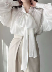 French White Neck Waist Silk Shirt Tops Lantern Sleeve