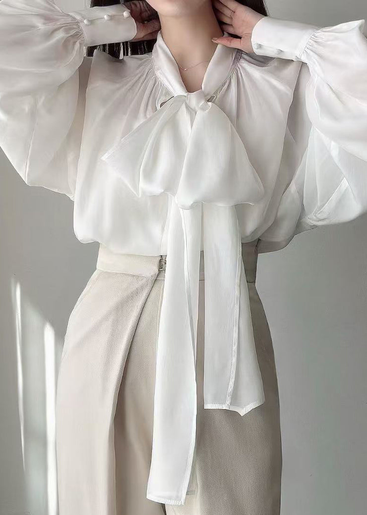 French White Neck Waist Silk Shirt Tops Lantern Sleeve