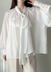 French White Neck Waist Silk Shirt Tops Lantern Sleeve