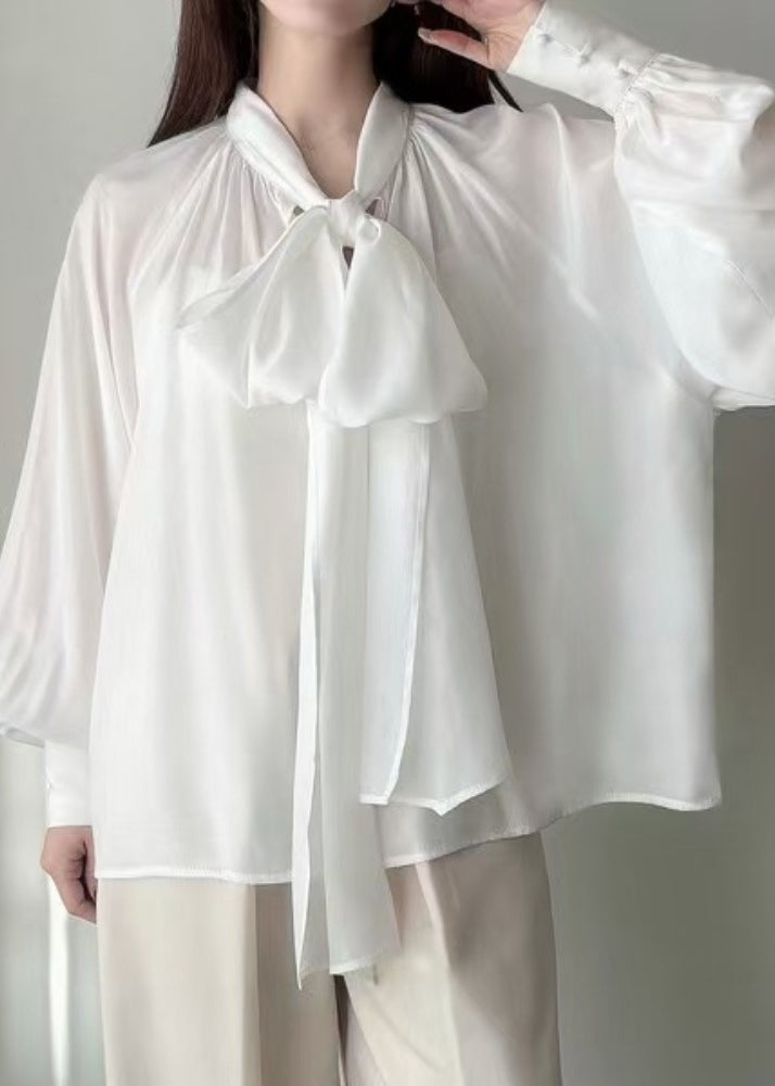 French White Neck Waist Silk Shirt Tops Lantern Sleeve