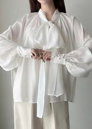 French White Neck Waist Silk Shirt Tops Lantern Sleeve