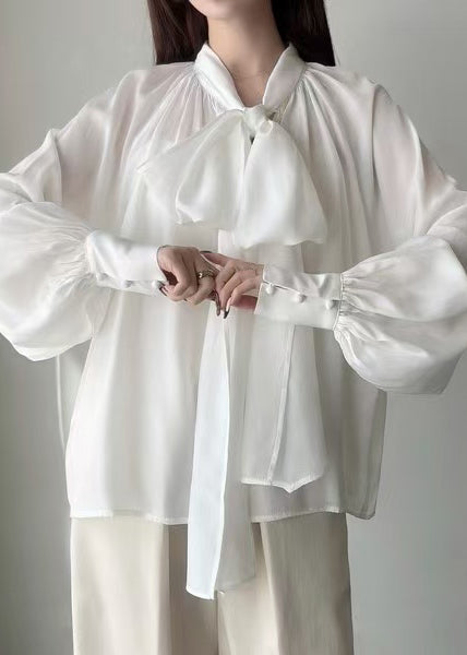 French White Neck Waist Silk Shirt Tops Lantern Sleeve