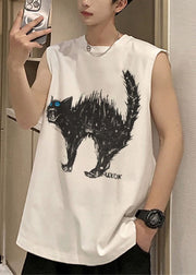 French White O Neck Cats Print Cotton Men T Shirts Sleeveless