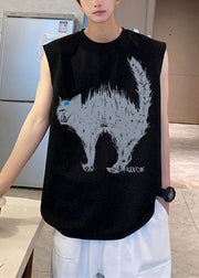 French White O Neck Cats Print Cotton Men T Shirts Sleeveless