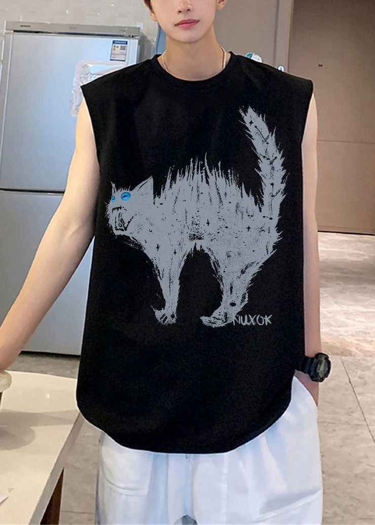 French White O Neck Cats Print Cotton Men T Shirts Sleeveless