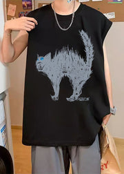 French White O Neck Cats Print Cotton Men T Shirts Sleeveless