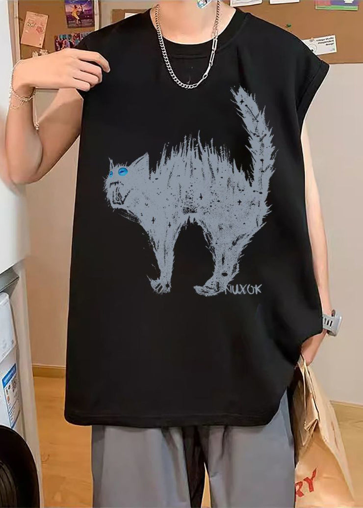 French White O Neck Cats Print Cotton Men T Shirts Sleeveless