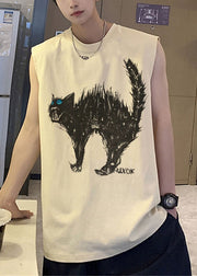 French White O Neck Cats Print Cotton Men T Shirts Sleeveless