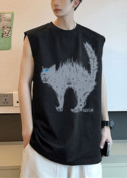 French White O Neck Cats Print Cotton Men T Shirts Sleeveless