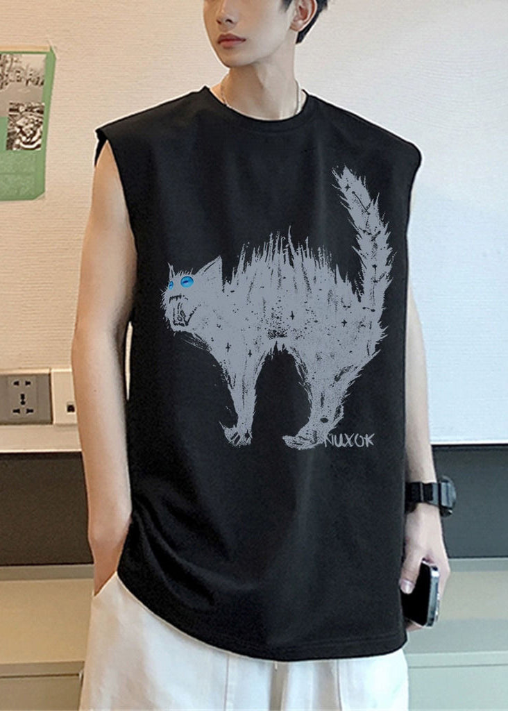 French White O Neck Cats Print Cotton Men T Shirts Sleeveless