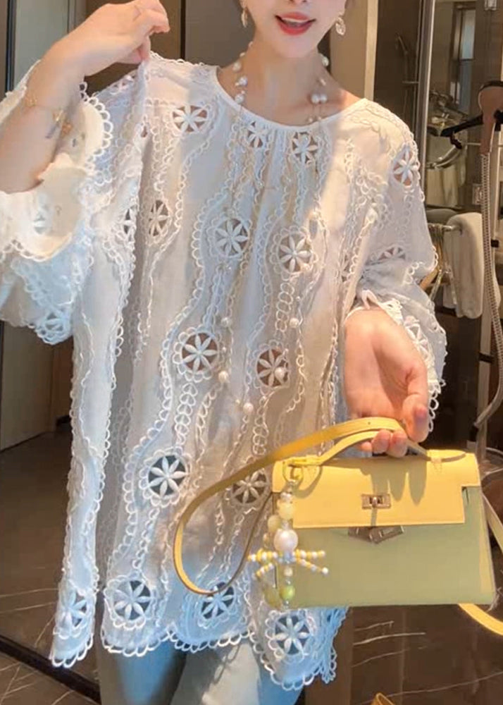 French White O Neck Hollow Out Cotton Shirt Flare Sleeve