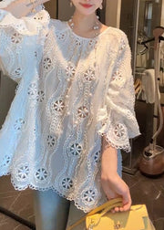 French White O Neck Hollow Out Cotton Shirt Flare Sleeve