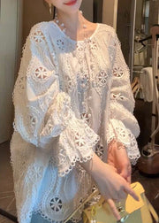 French White O Neck Hollow Out Cotton Shirt Flare Sleeve