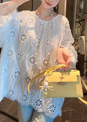 French White O Neck Hollow Out Cotton Shirt Flare Sleeve