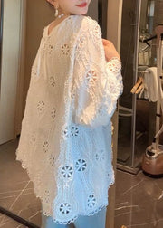 French White O Neck Hollow Out Cotton Shirt Flare Sleeve
