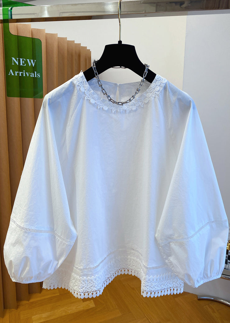 French White O Neck Lace Patchwork Cotton Top Fall