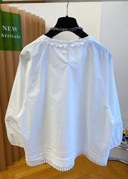 French White O Neck Lace Patchwork Cotton Top Fall