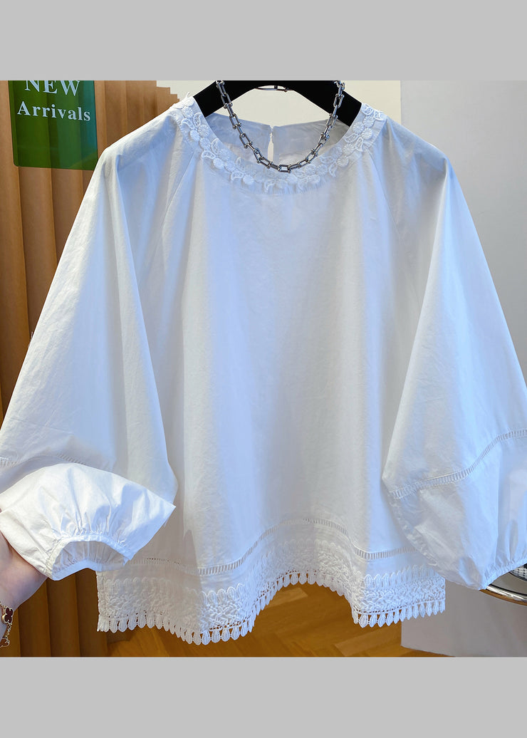 French White O Neck Lace Patchwork Cotton Top Fall