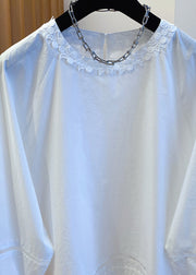 French White O Neck Lace Patchwork Cotton Top Fall