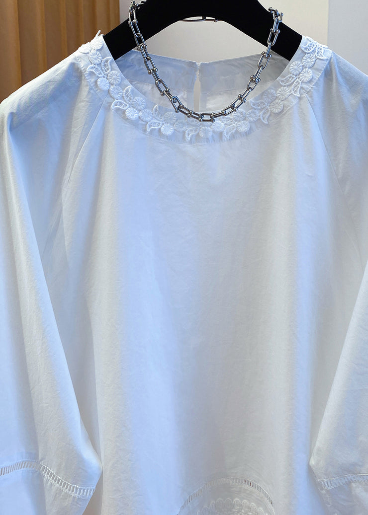 French White O Neck Lace Patchwork Cotton Top Fall