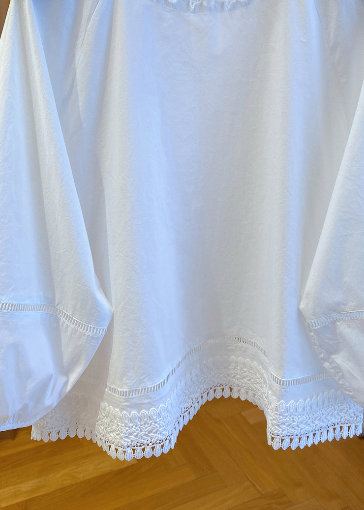 French White O Neck Lace Patchwork Cotton Top Fall