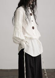 French White O-Neck Puff Sleeve Patchwork Cotton Tops Fall