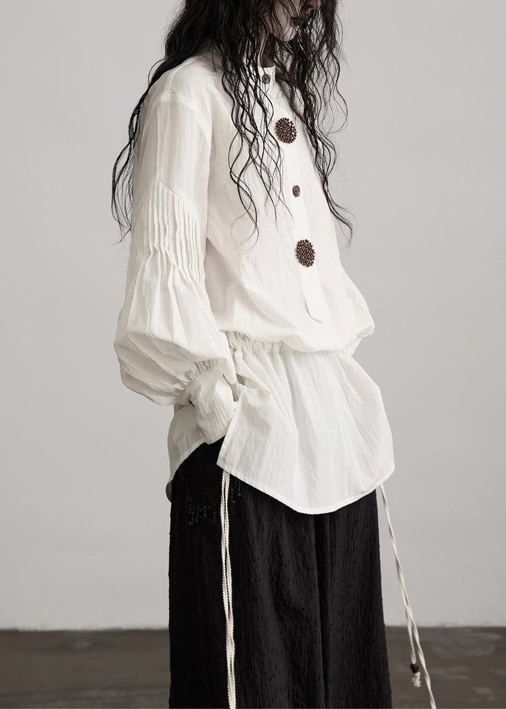 French White O-Neck Puff Sleeve Patchwork Cotton Tops Fall