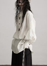 French White O-Neck Puff Sleeve Patchwork Cotton Tops Fall