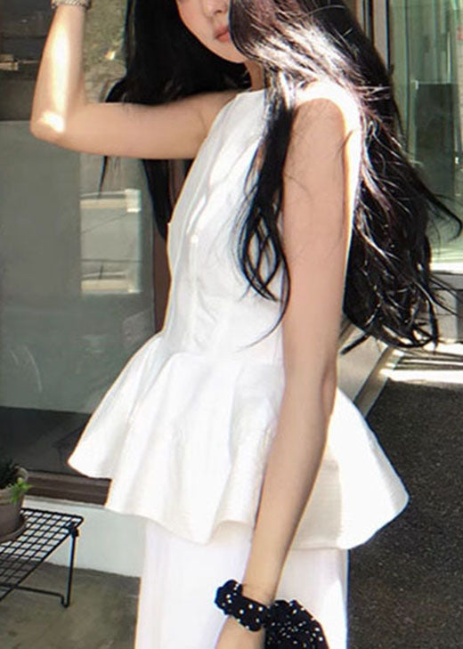 French White O Neck Ruffled Cotton Top Sleeveless