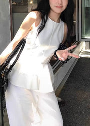 French White O Neck Ruffled Cotton Top Sleeveless