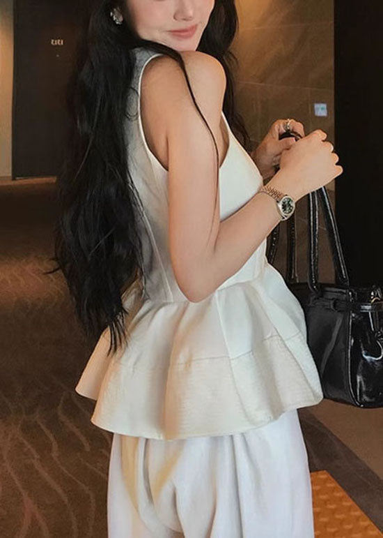 French White O Neck Ruffled Cotton Top Sleeveless
