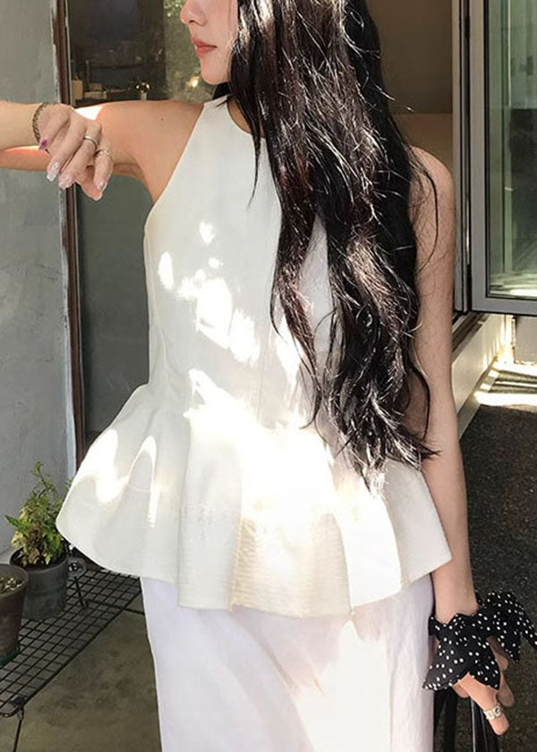 French White O Neck Ruffled Cotton Top Sleeveless
