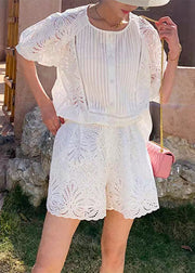 French White O-Neck Shirt And Shorts Two Pieces Set Short Sleeve